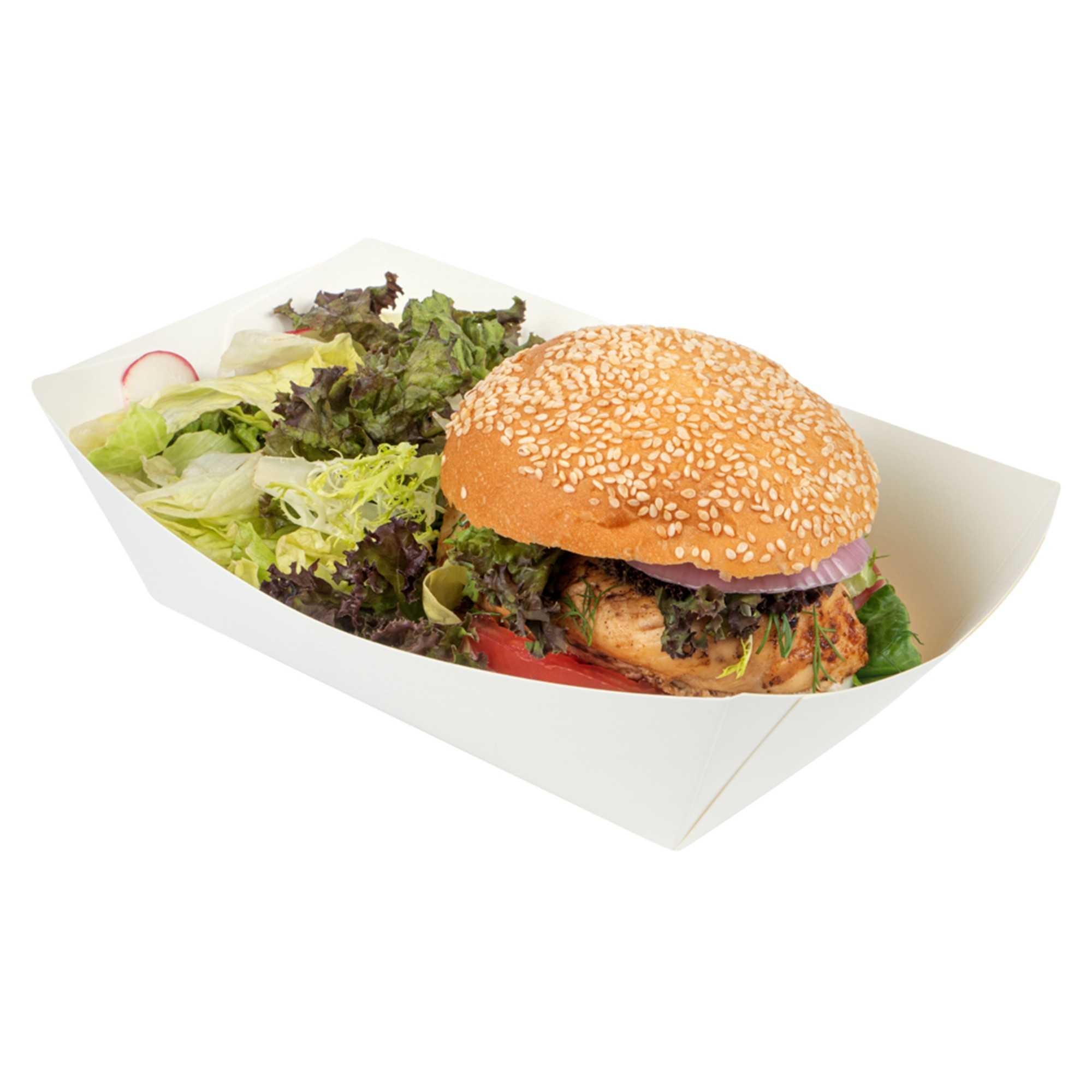 Bio Tek 2 lb White Paper #200 Food Tray / Boat - 6 1/2" x 3 3/4" x 2 1/4" - 50 count box