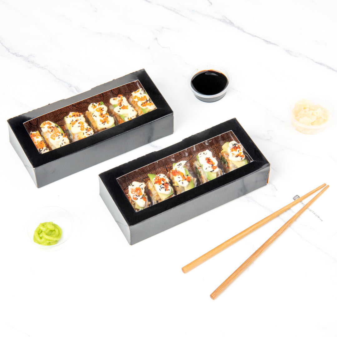 Sakura Vision Black Paper Medium Window Sushi Box - 8" x 3 1/2" x 1 3/4" - 200 count box