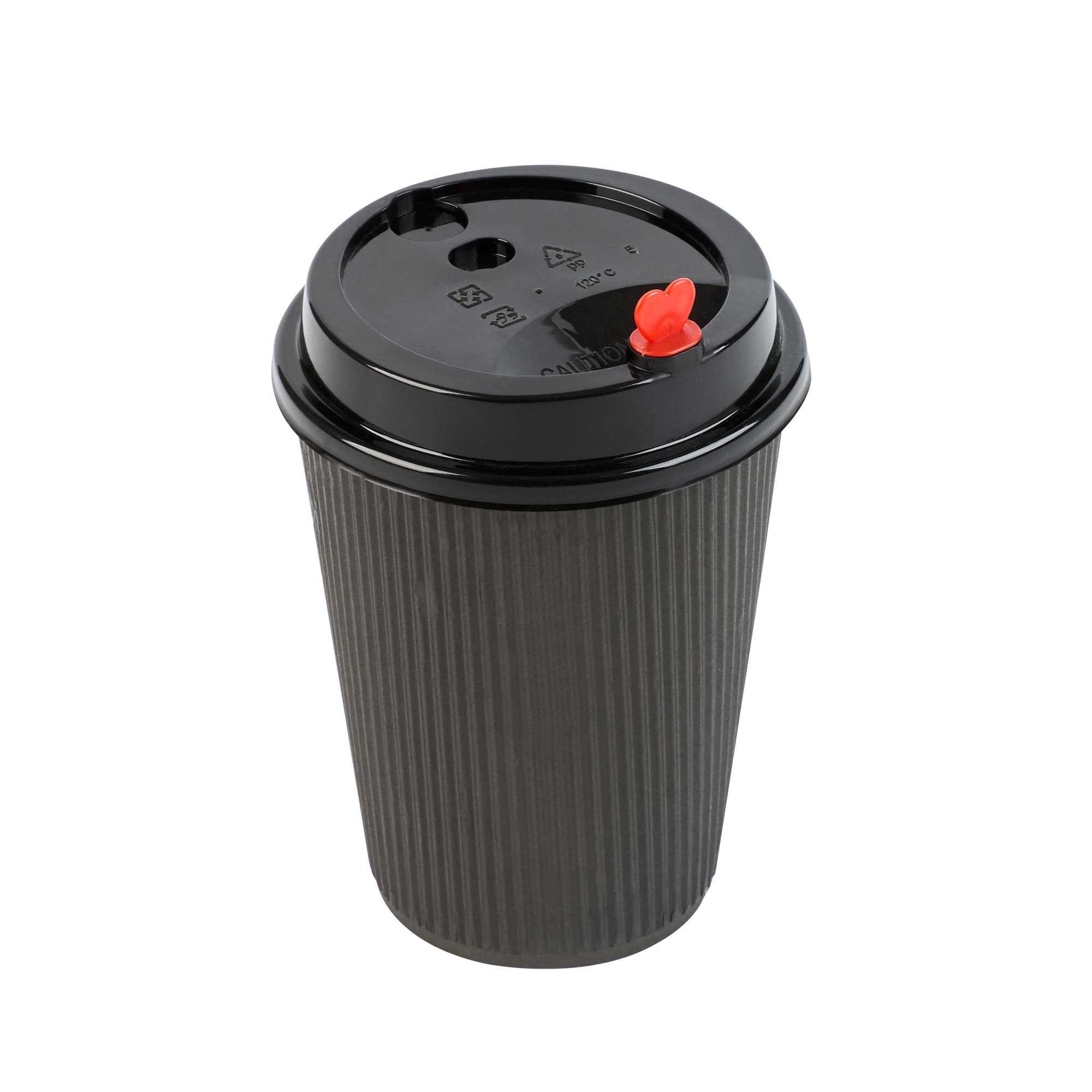 Black Plastic Coffee Cup Lid - Fits 8, 12, 16 and 20 oz, with Red Heart Plug - 500 count box