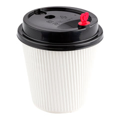 Black Plastic Coffee Cup Lid - Fits 8, 12, 16 and 20 oz, with Red Heart Plug - 50 count box
