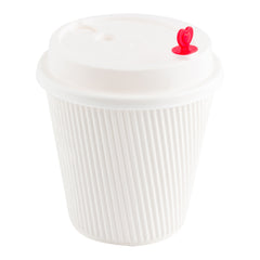 White Plastic Coffee Cup Lid - Fits 8, 12, 16 and 20 oz, with Red Heart Plug - 50 count box