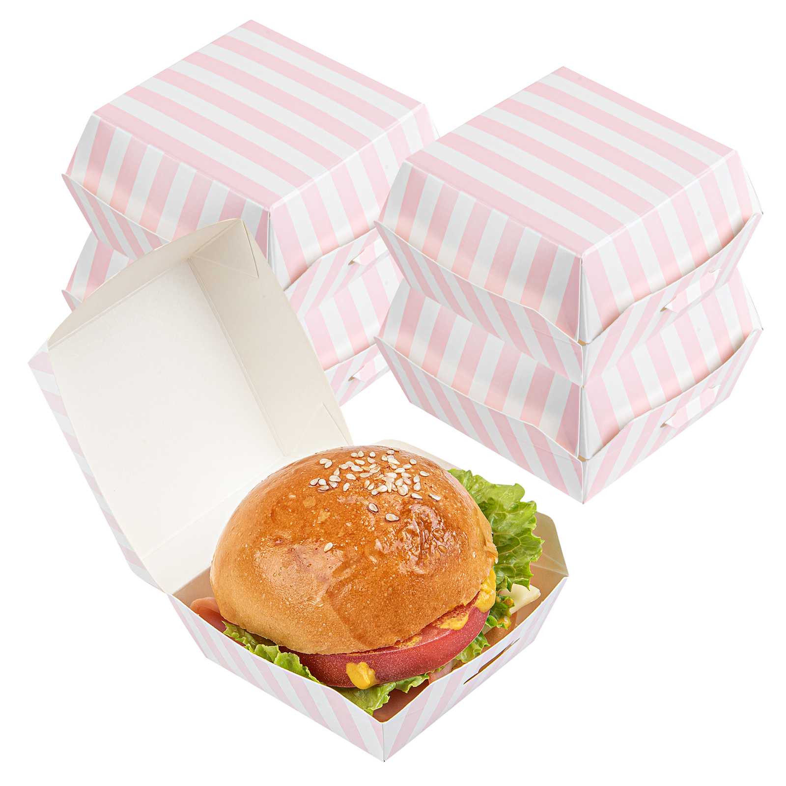 Bio Tek Pink and White Stripe Paper Mini Burger Box - 2 3/4" x 2 3/4" x 2" - 600 count box