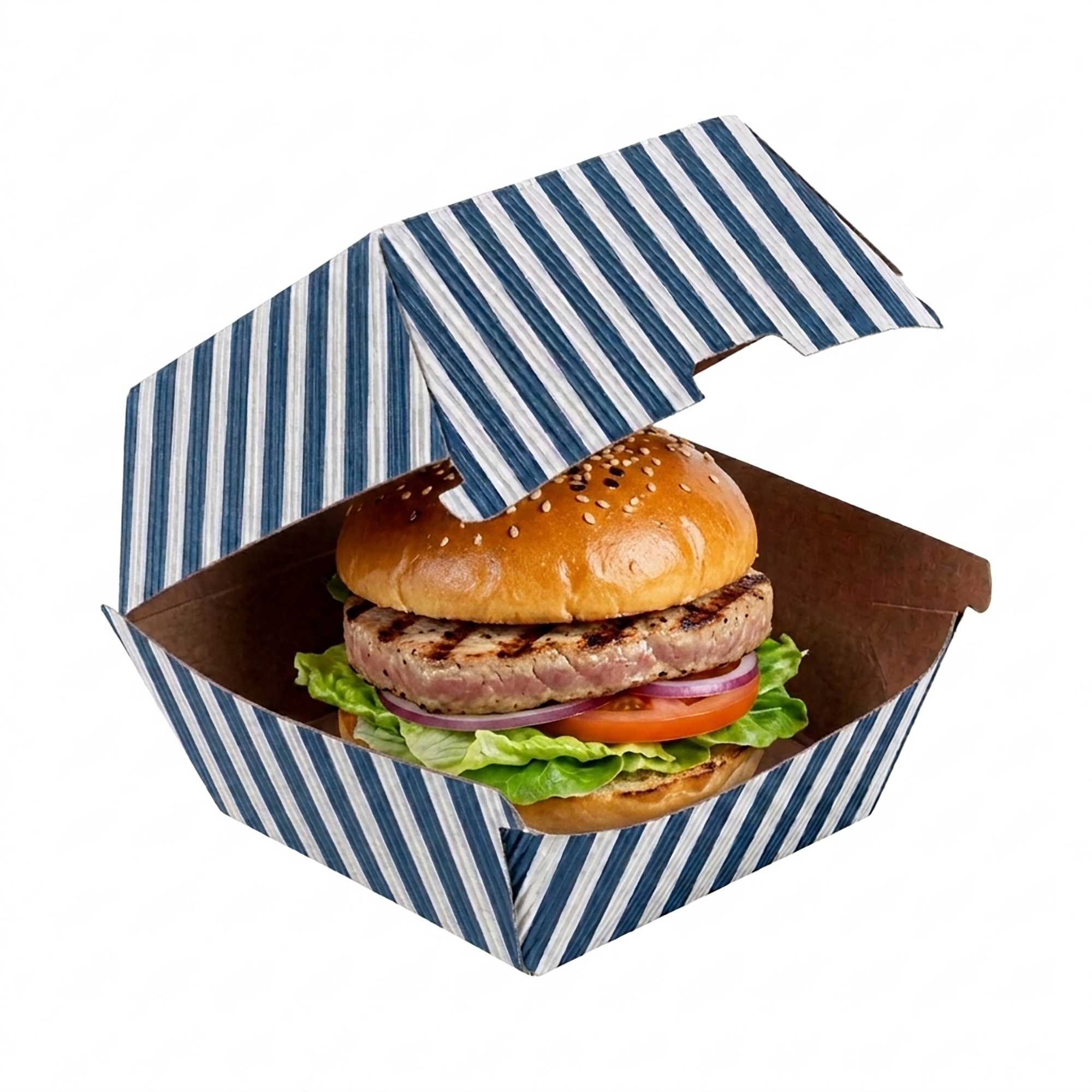 Bio Tek Blue and White Stripe Paper Burger Box - Ripple Wall - 4" x 4" x 3 3/4" - 100 count box