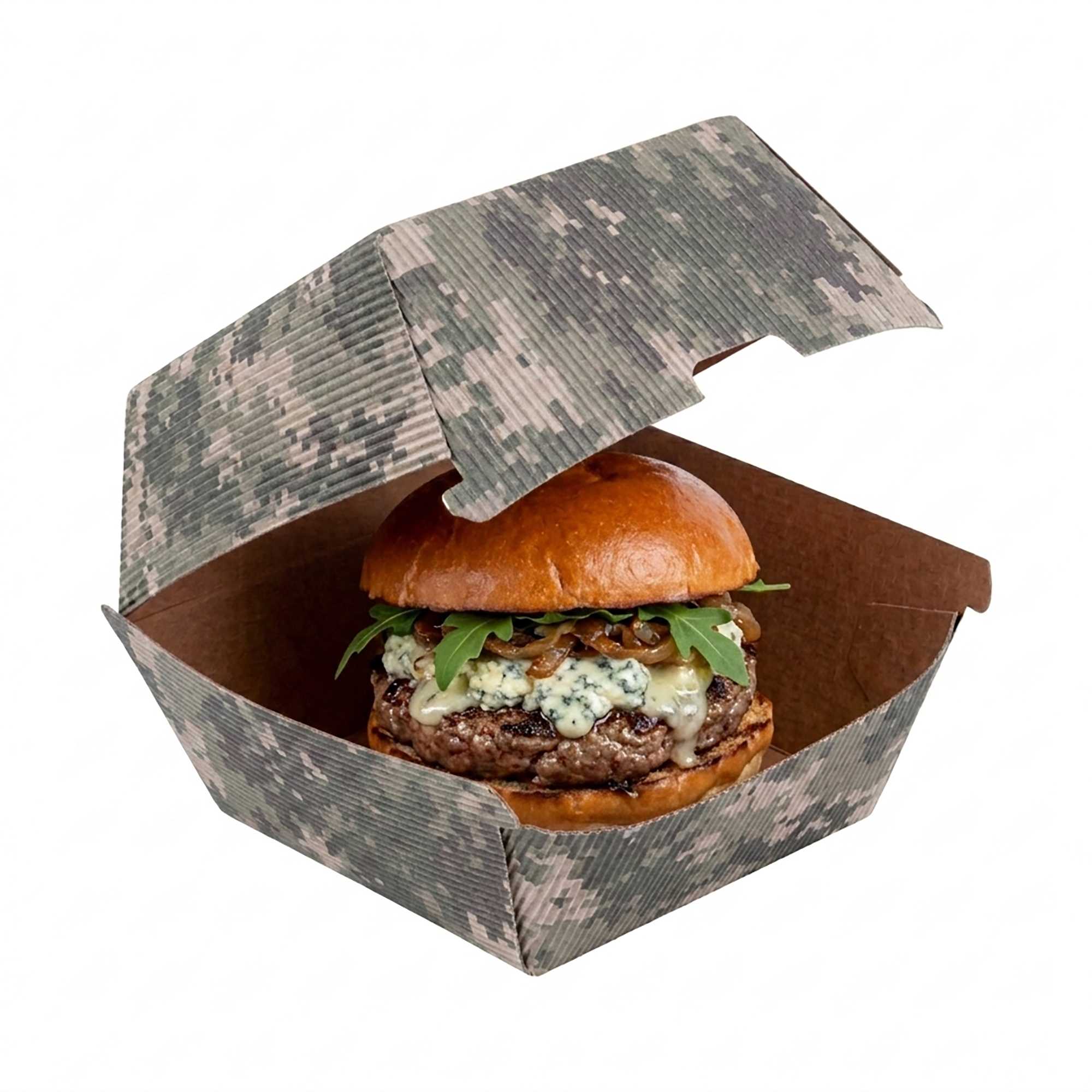 Bio Tek Camouflage Paper Burger Box - Ripple Wall - 4" x 4" x 3 3/4" - 100 count box