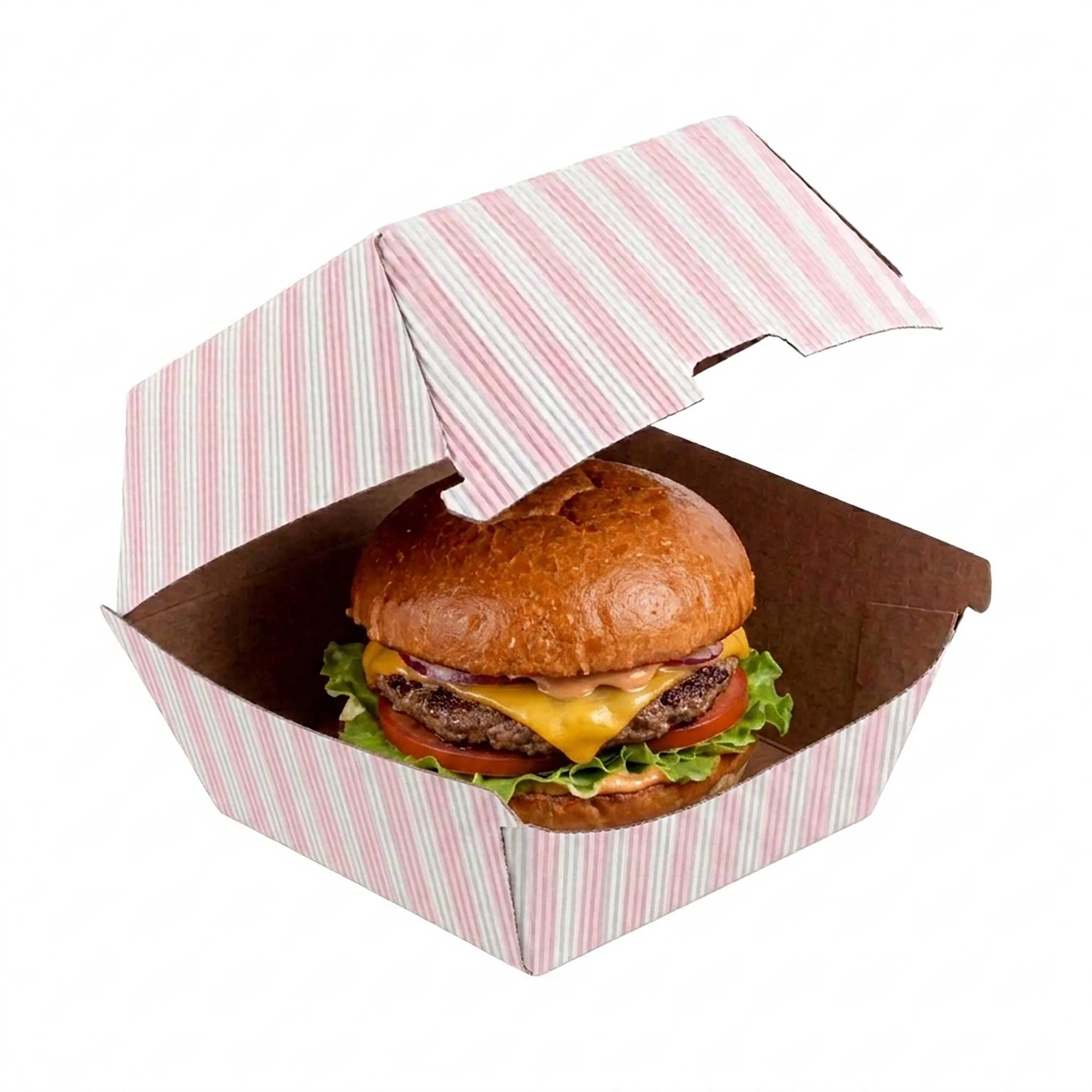 Bio Tek Pink and White Stripe Paper Burger Box - Ripple Wall - 4" x 4" x 3 3/4" - 100 count box