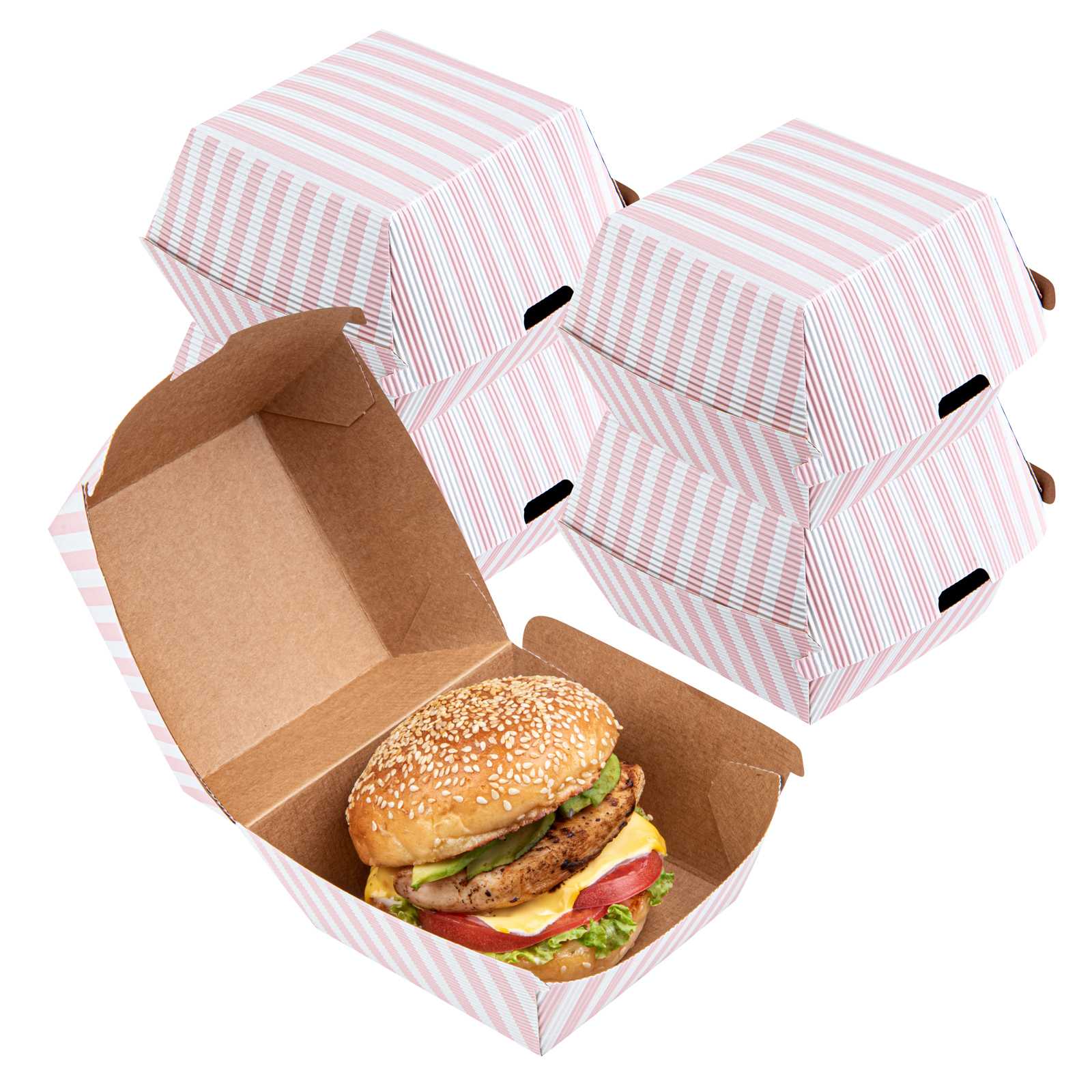 Bio Tek Pink and White Stripe Paper Burger Box - Ripple Wall - 4" x 4" x 3 3/4" - 400 count box