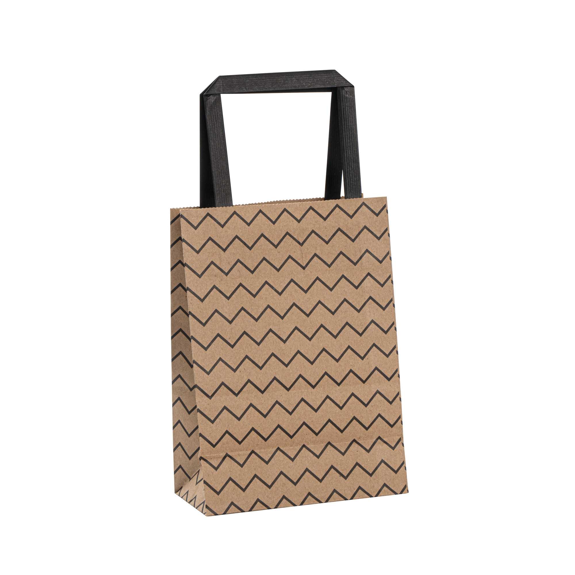 Saving Nature Kraft Paper Small Retail Bag - Black Zig Zag, with Handles - 6" x 3 1/4" x 8 1/4" - 100 count box
