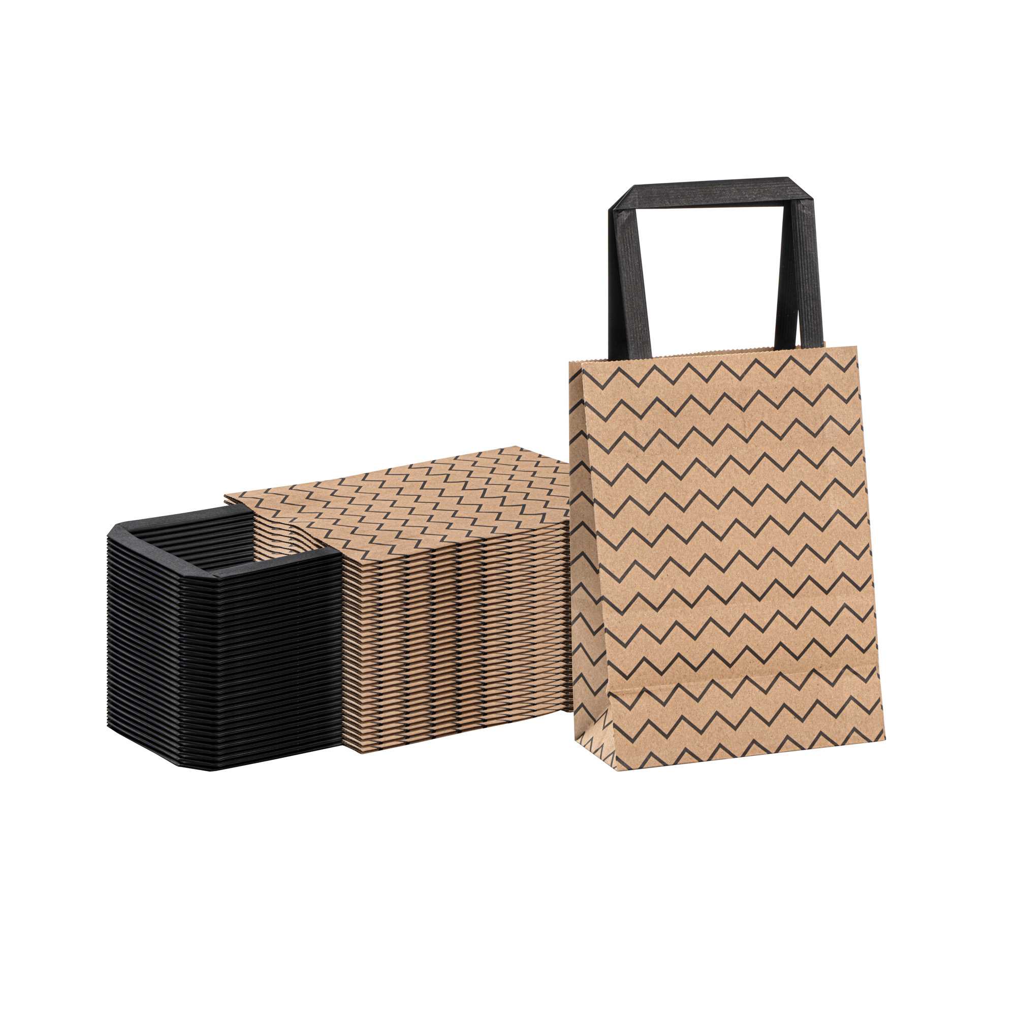 Saving Nature Kraft Paper Small Retail Bag - Black Zig Zag, with Handles - 6" x 3 1/4" x 8 1/4" - 100 count box