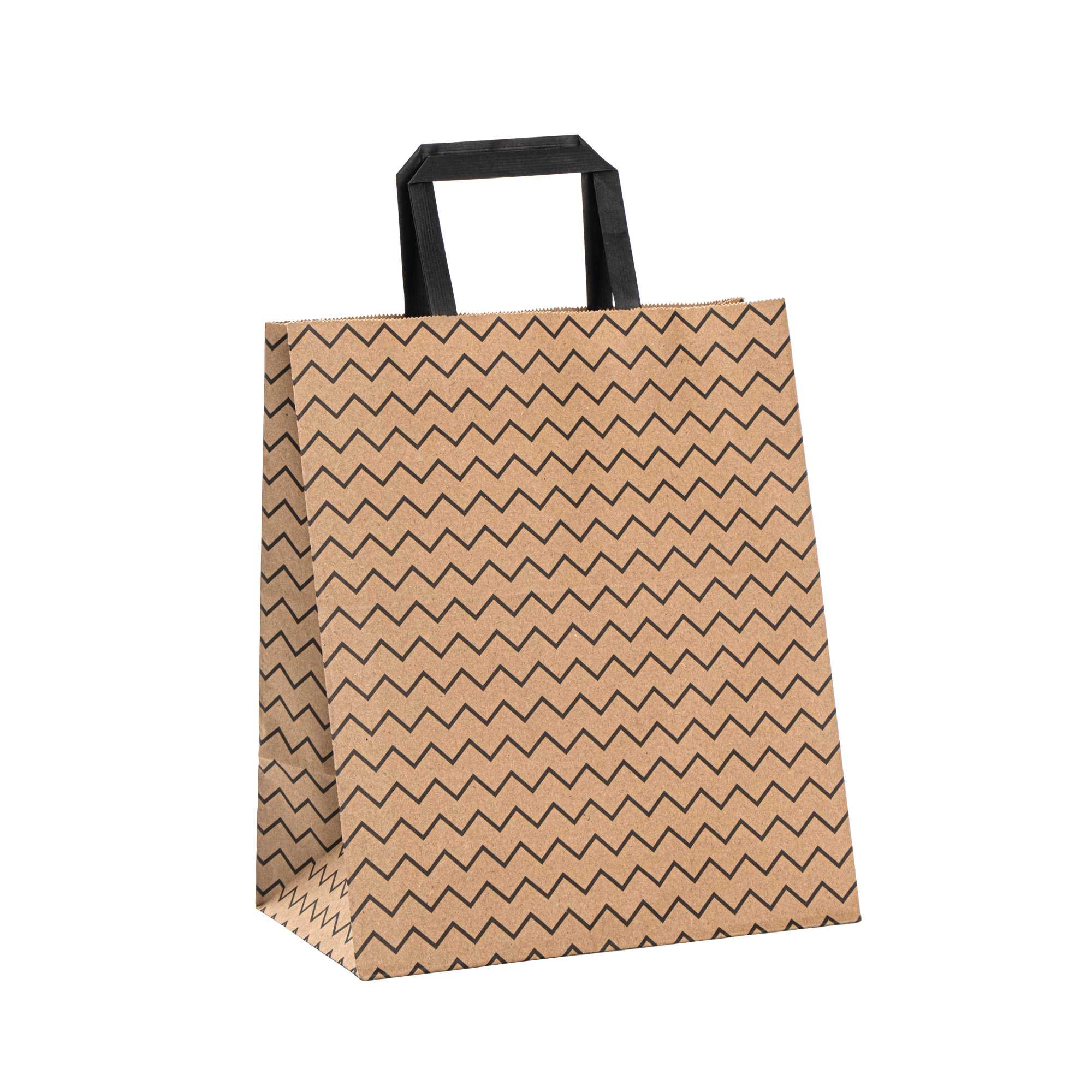 Saving Nature Kraft Paper Medium Retail Bag - Black Zig Zag, with Handles - 10" x 6 3/4" x 12" - 100 count box