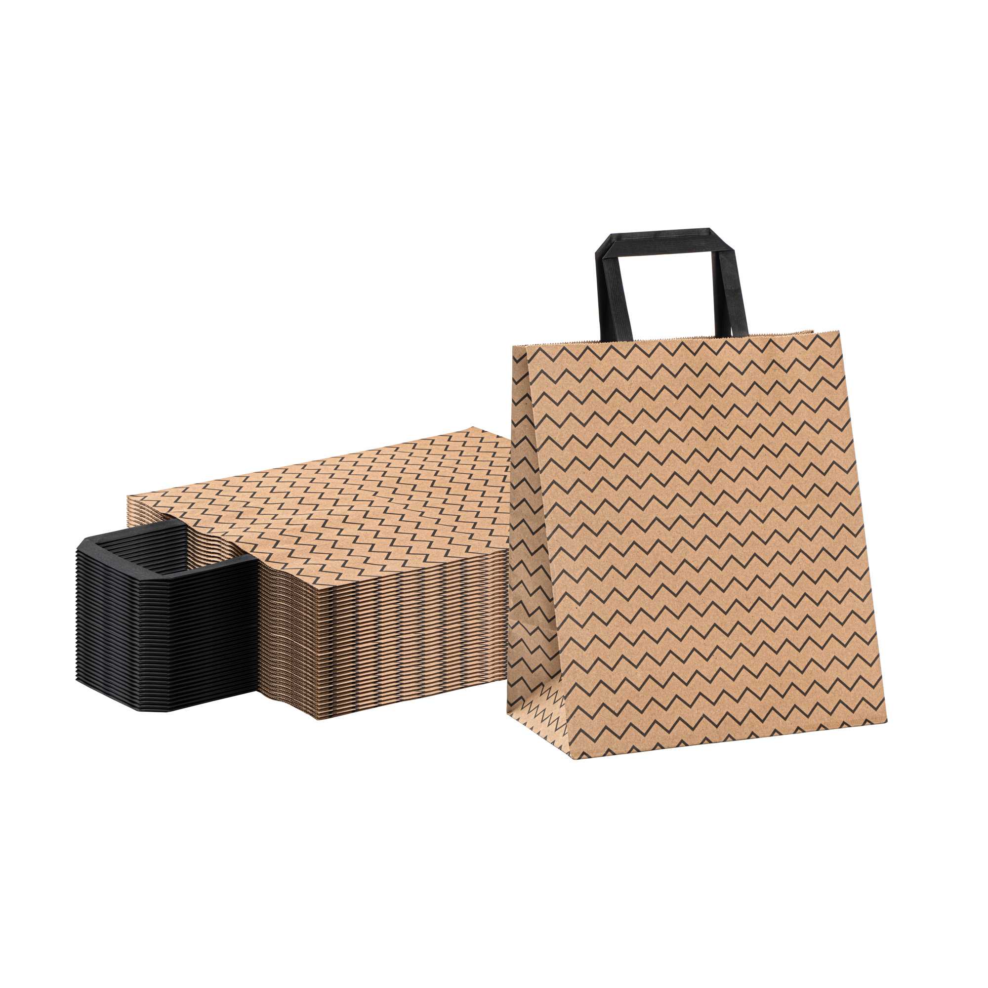 Saving Nature Kraft Paper Medium Retail Bag - Black Zig Zag, with Handles - 10" x 6 3/4" x 12" - 100 count box