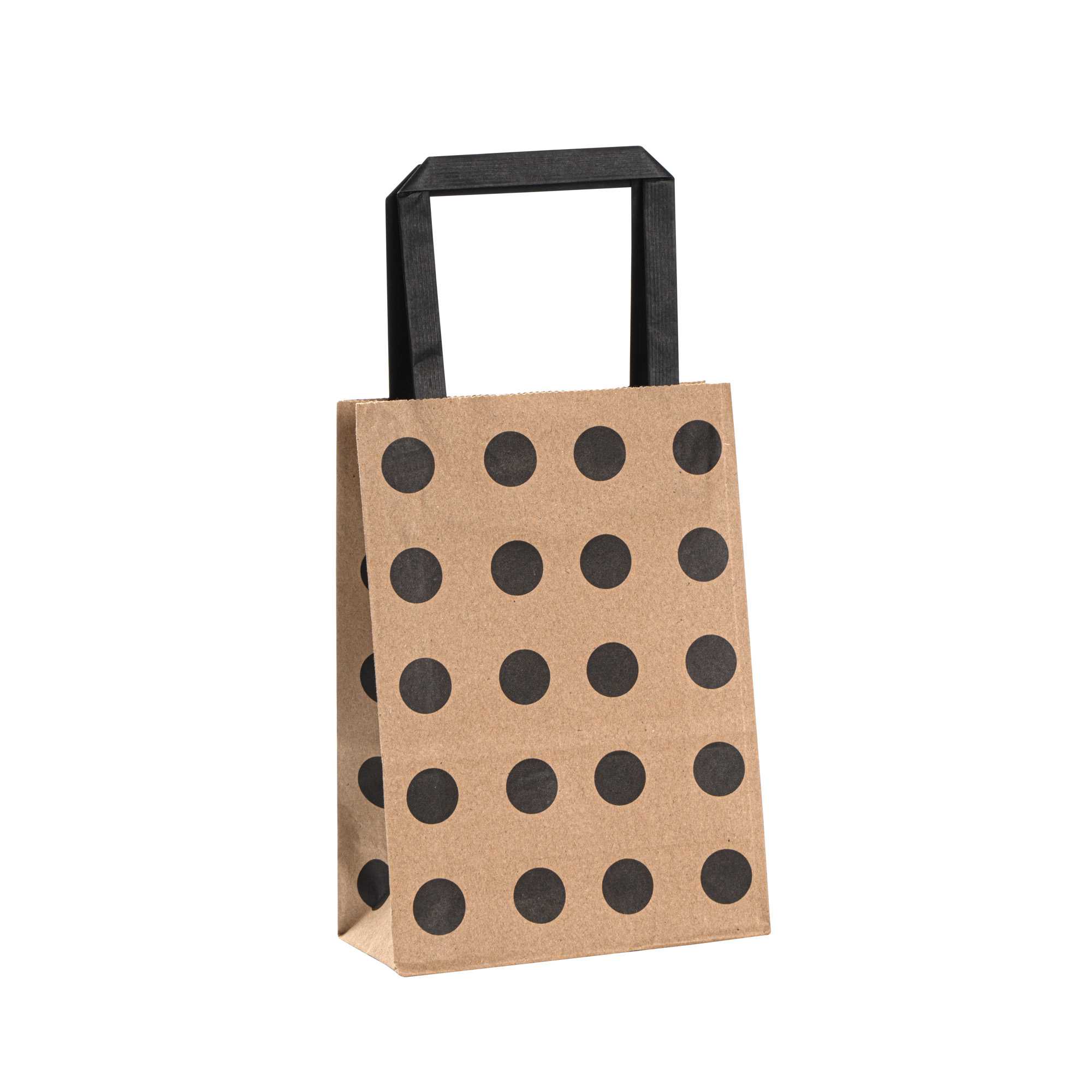 Saving Nature Kraft Paper Small Retail Bag - Black Polka Dot, with Handles - 6" x 3 1/4" x 8 1/4" - 100 count box