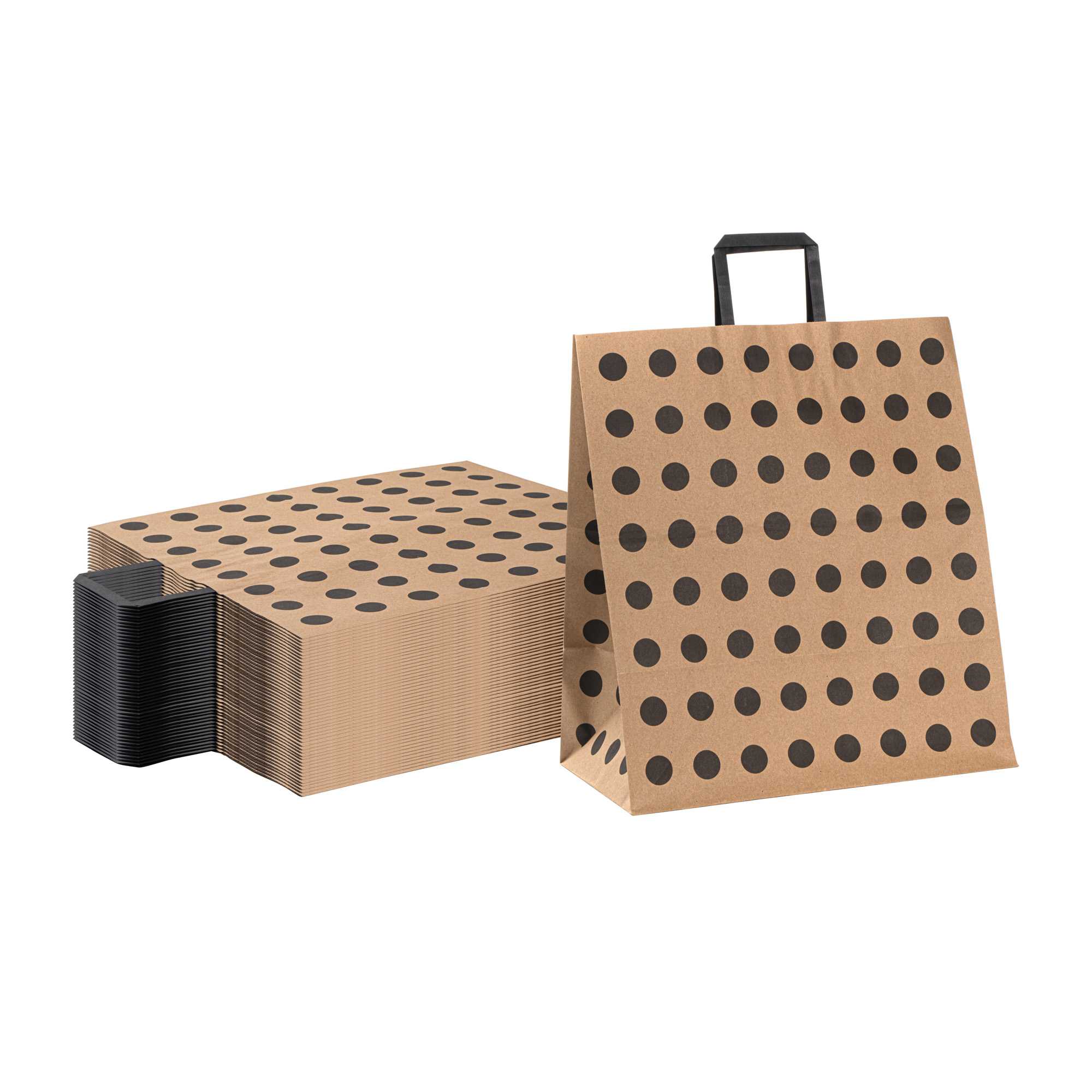 Saving Nature Kraft Paper Large Retail Bag - Black Polka Dot, with Handles - 16" x 9 3/4" x 17 1/4" - 100 count box