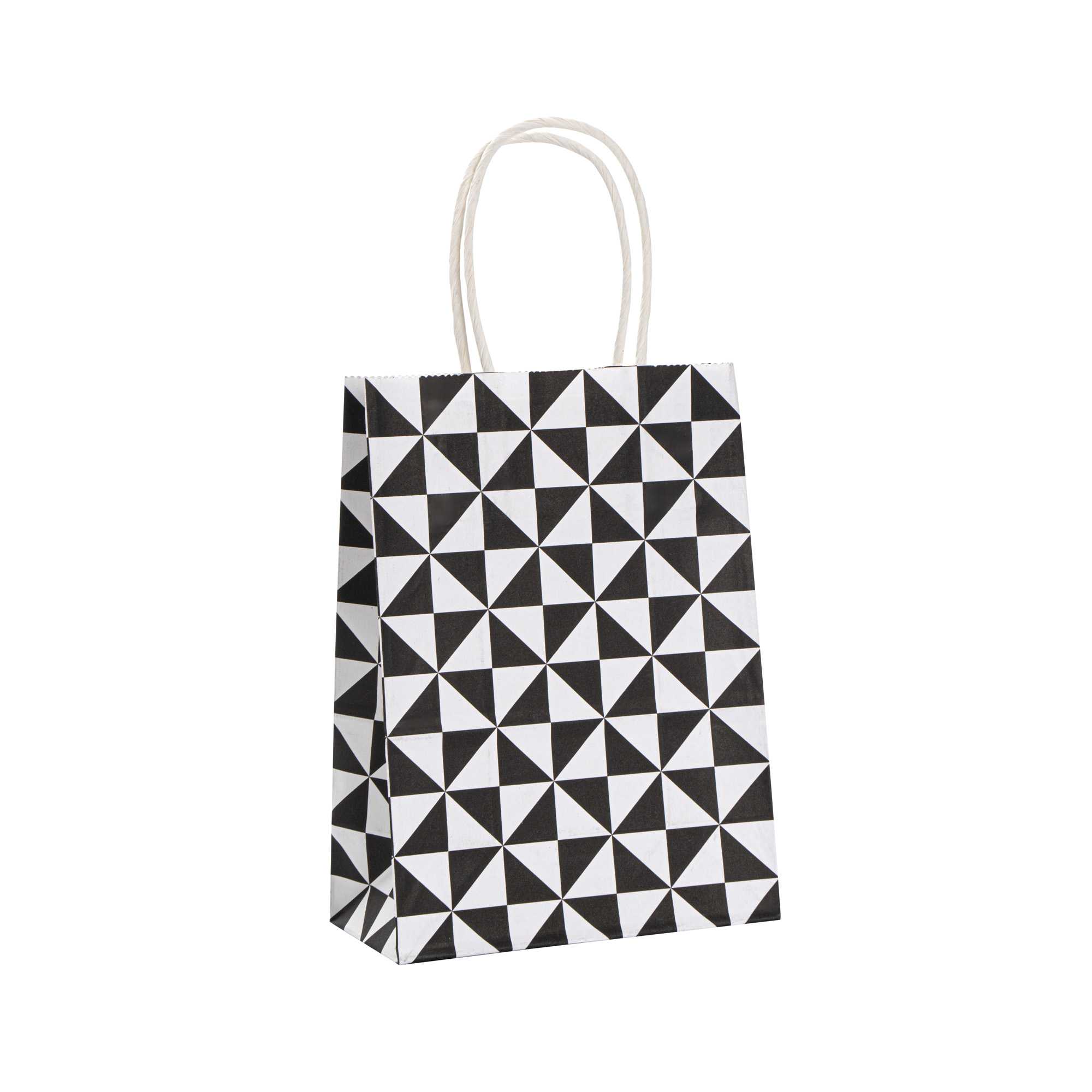 Vogue White Paper Small Shopping Bag - Black Geo Print, with Handles - 6" x 3 1/4" x 8 1/4" - 500 count box