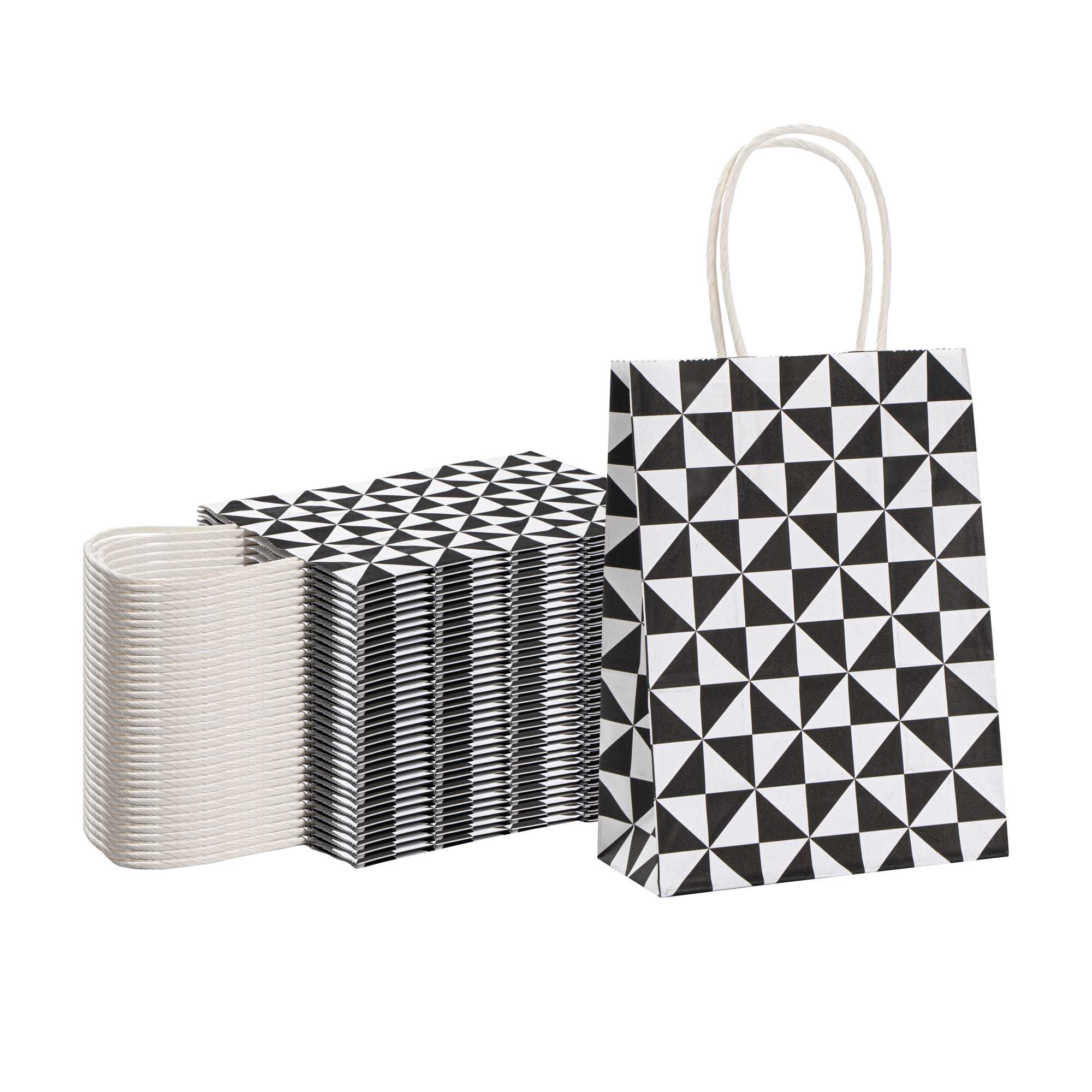 Vogue White Paper Small Shopping Bag - Black Geo Print, with Handles - 6" x 3 1/4" x 8 1/4" - 500 count box