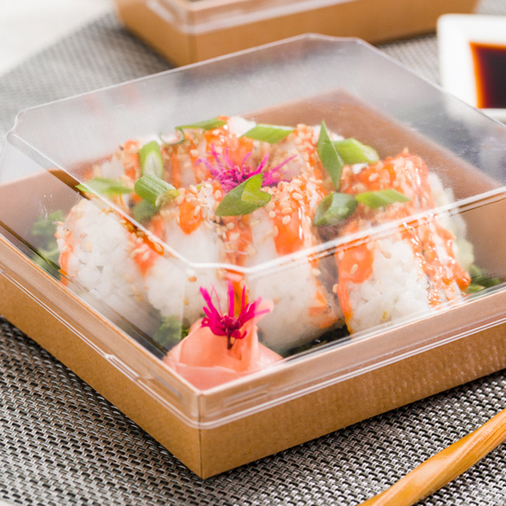 Matsuri Vision Clear Plastic Lid - Fits Large Sushi Container - 5 1/2" x 5" x 1 1/2" - 100 count box