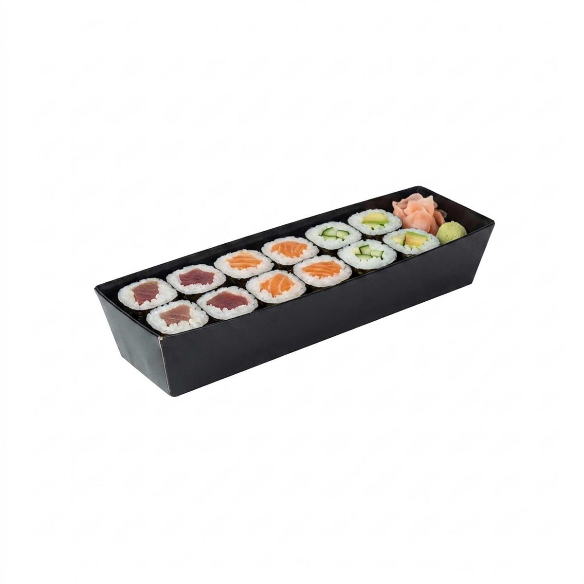 Matsuri Vision Black Paper Small Maki Sushi Container - 6 1/2" x 1 3/4" x 1 1/2" - 100 count box