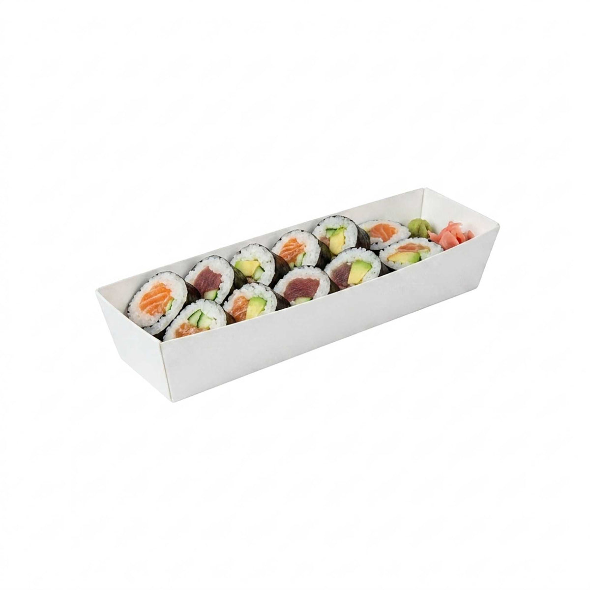 Matsuri Vision White Paper Small Maki Sushi Container - 6 1/2" x 1 3/4" x 1 1/2" - 100 count box