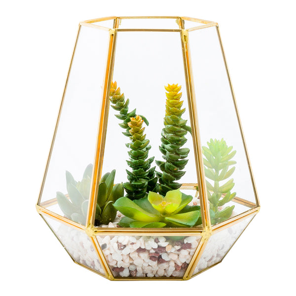 faux succulent arrangements Plastic Table Art Faux Succulent Arrangement - Hexagonal Glass Terrarium,  Bronze - 7