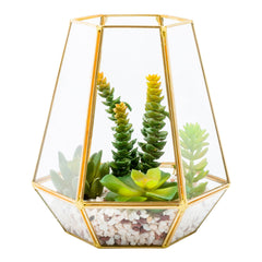 Plastic Table Art Faux Succulent Arrangement - Hexagonal Glass Terrarium, Bronze - 7