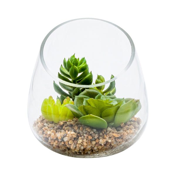 artificial succulent arrangements in glass Plastic Table Art Faux Succulent Arrangement - Incline Edge Glass Terrarium - 4 3/4" x 4 3/4" x 5"