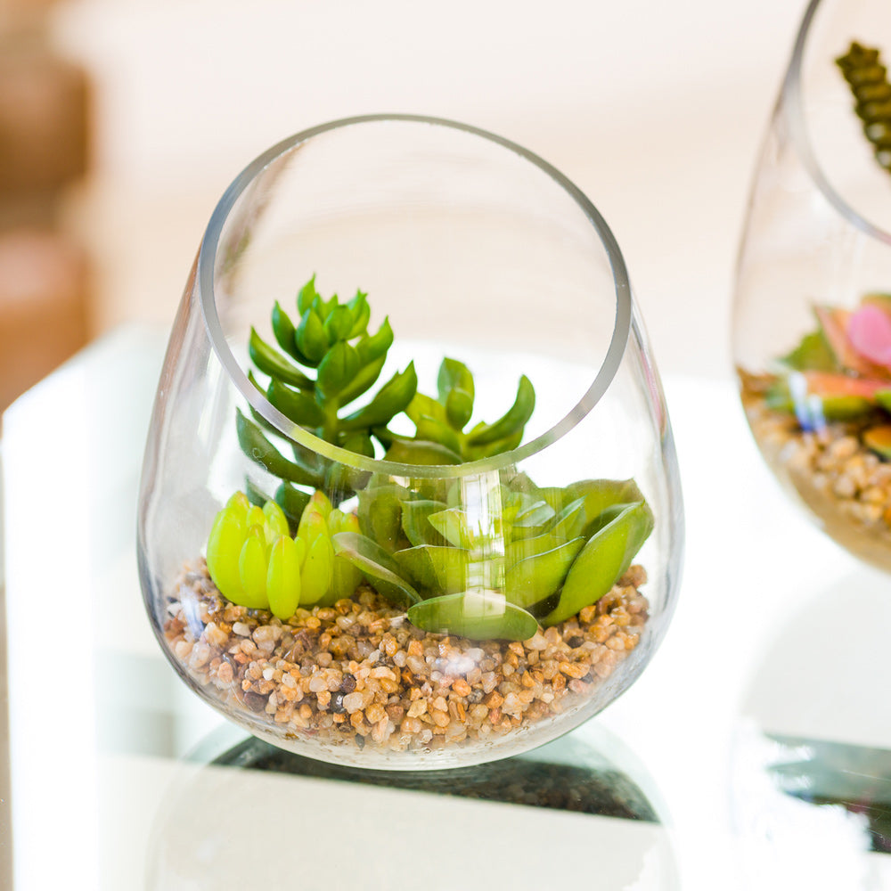 glass succulent planter Plastic Table Art Faux Succulent Arrangement - Incline Edge Glass Terrarium - 4 3/4" x 4 3/4" x 5"