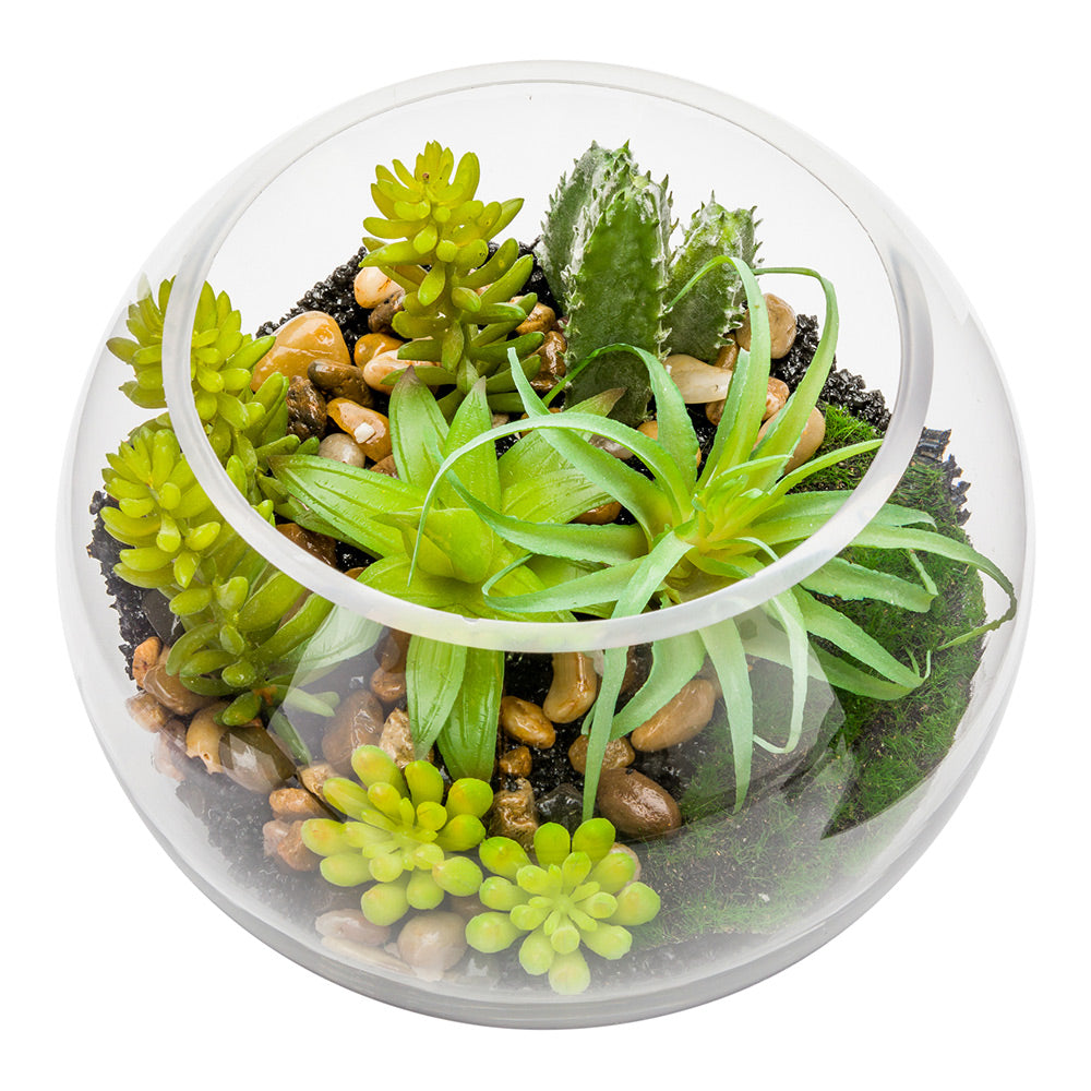 artificial succulents in glass Plastic Table Art Faux Succulent Arrangement - Fishbowl Glass Terrarium - 7" x 7" x 5 1/2"