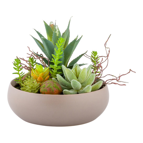 succulent planter table Plastic Table Art Faux Succulent Arrangement - Helio Porcelain Planter, Taupe - 6" x 6" x 5 1/4"