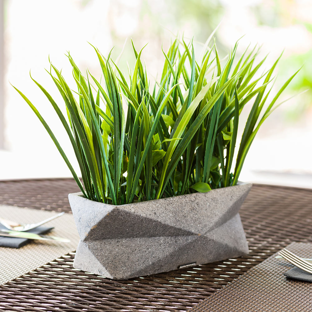 artificial succulents in grey pots Plastic Table Art Faux Succulent Arrangement - Gravel Concrete Planter, Rectangular - 6 1/4" x 6 1/4" x 10 1/4"
