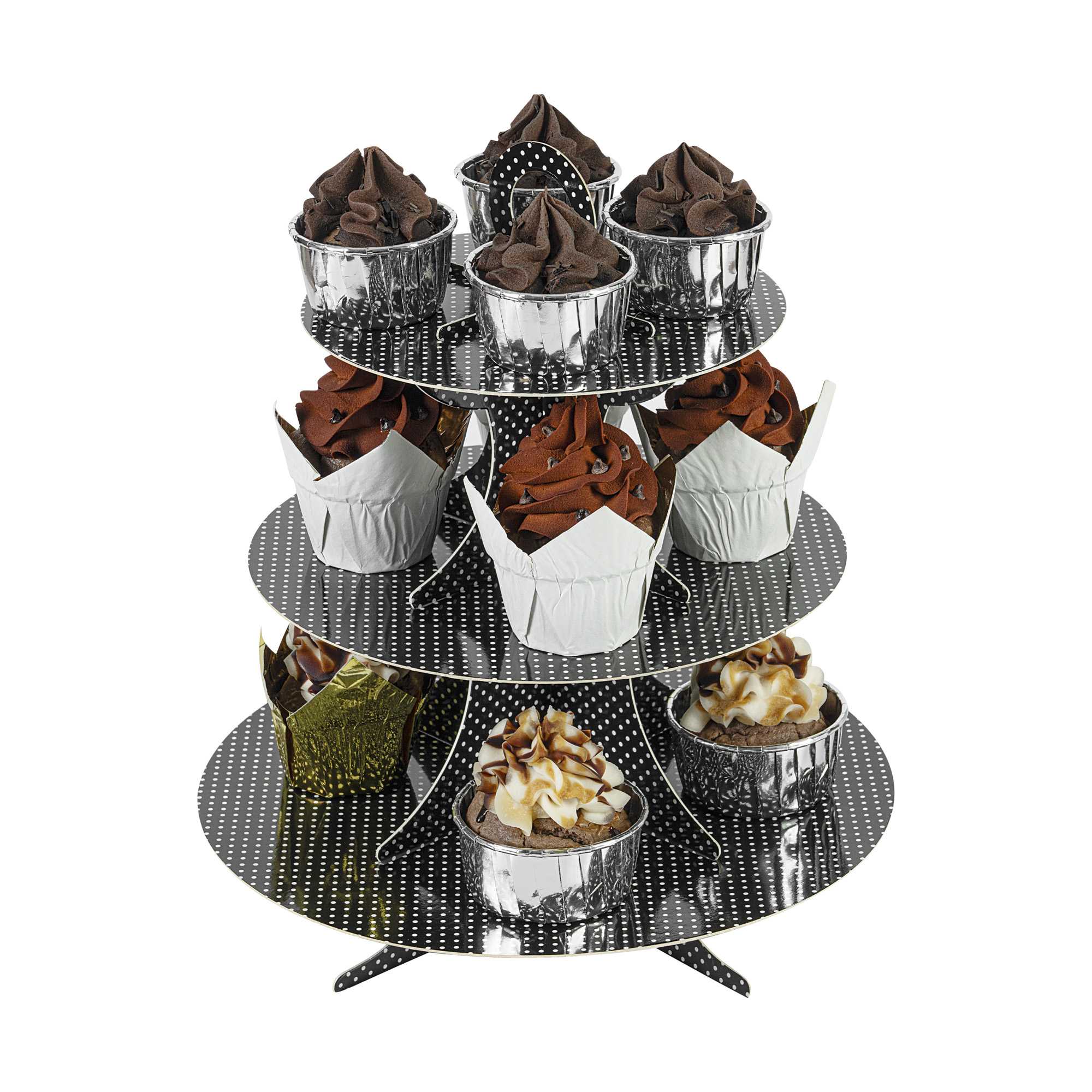 Pastry Tek Black Cardboard Cupcake Stand - 3-Tier, White Polka Dots - 13 1/2" x 13 1/2" x 14" - 1 count box