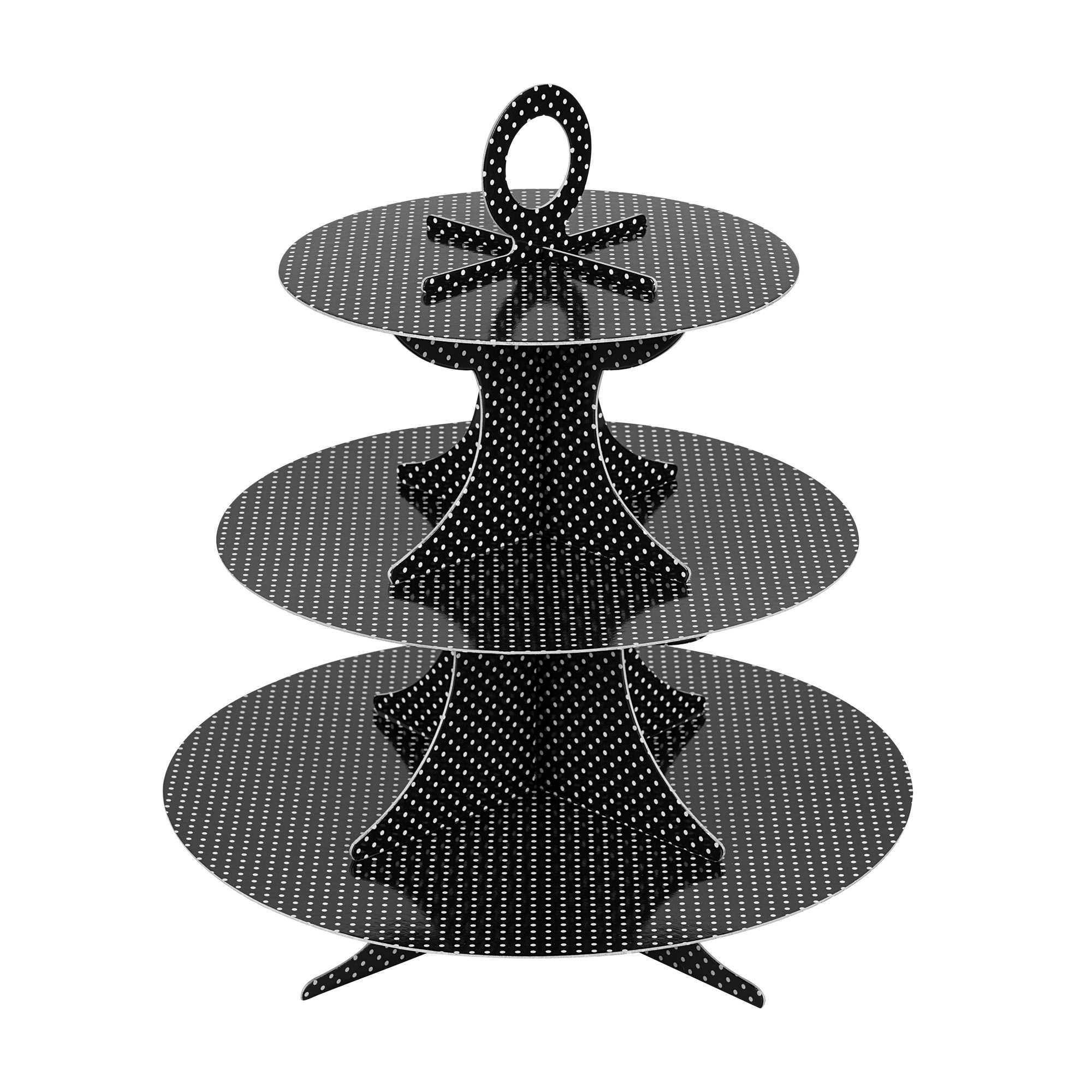 Pastry Tek Black Cardboard Cupcake Stand - 3-Tier, White Polka Dots - 13 1/2" x 13 1/2" x 14" - 1 count box