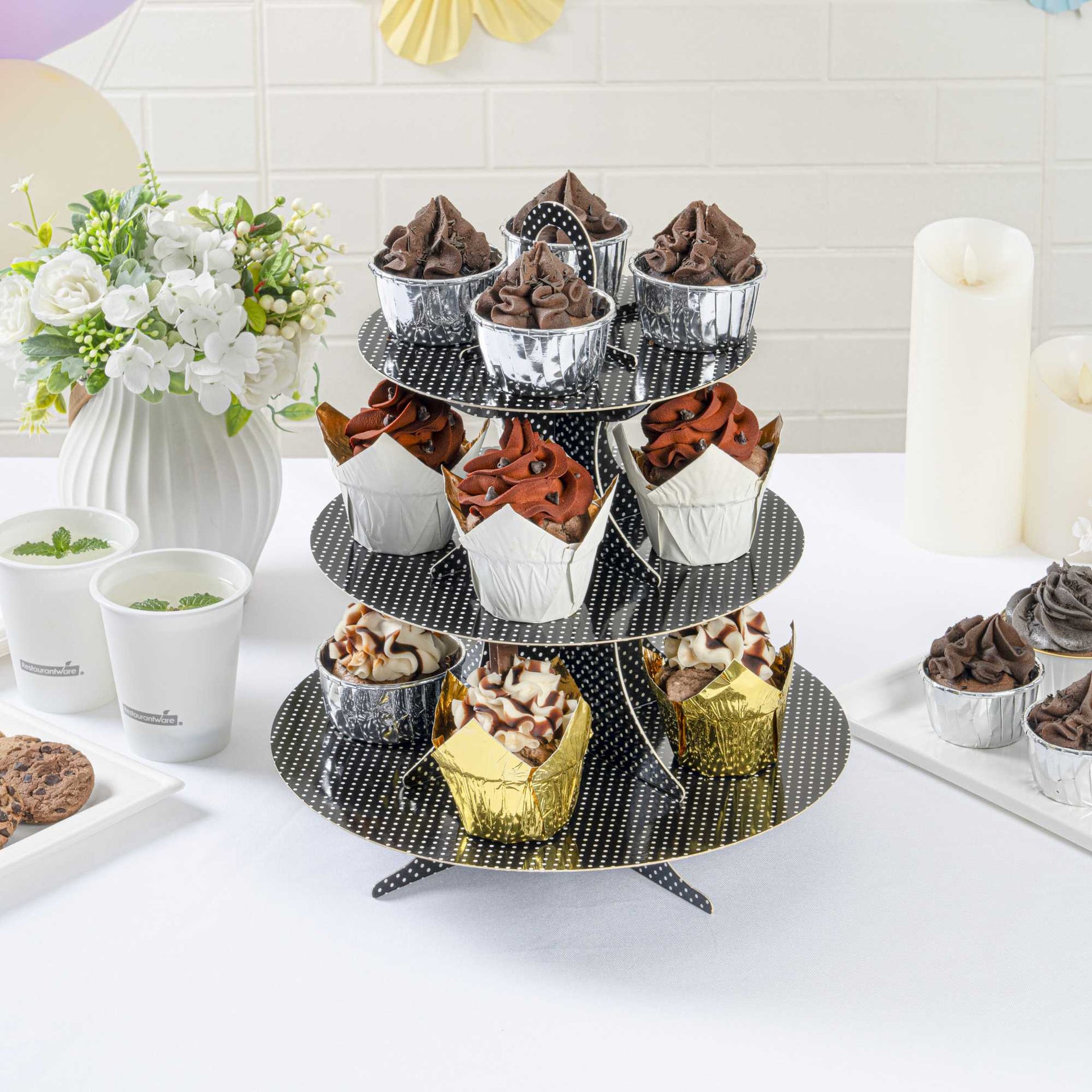 Pastry Tek Black Cardboard Cupcake Stand - 3-Tier, White Polka Dots - 13 1/2" x 13 1/2" x 14" - 1 count box