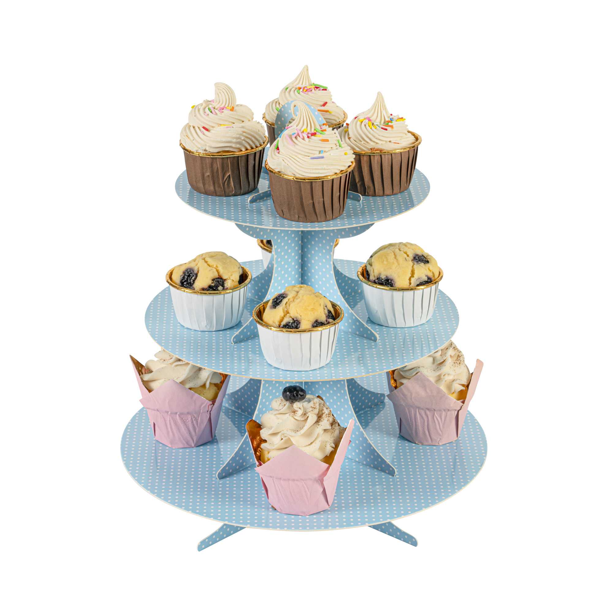 Pastry Tek Turquoise Cardboard Cupcake Stand - 3-Tier, White Polka Dots - 13 1/2" x 13 1/2" x 14" - 1 count box