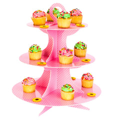 Pastry Tek Pink Cardboard Cupcake Stand - 3-Tier, White Polka Dots - 13 1/2
