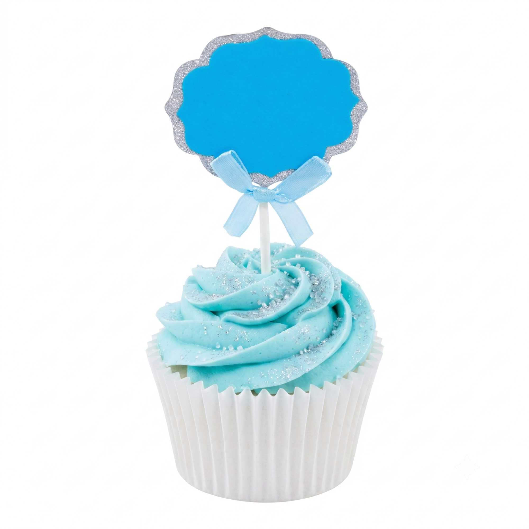 Top Cake Blue Paper DIY Personalized Cake Topper - Bow, Silver Glitter Rim - 4 1/2" x 2 1/2" - 100 count box