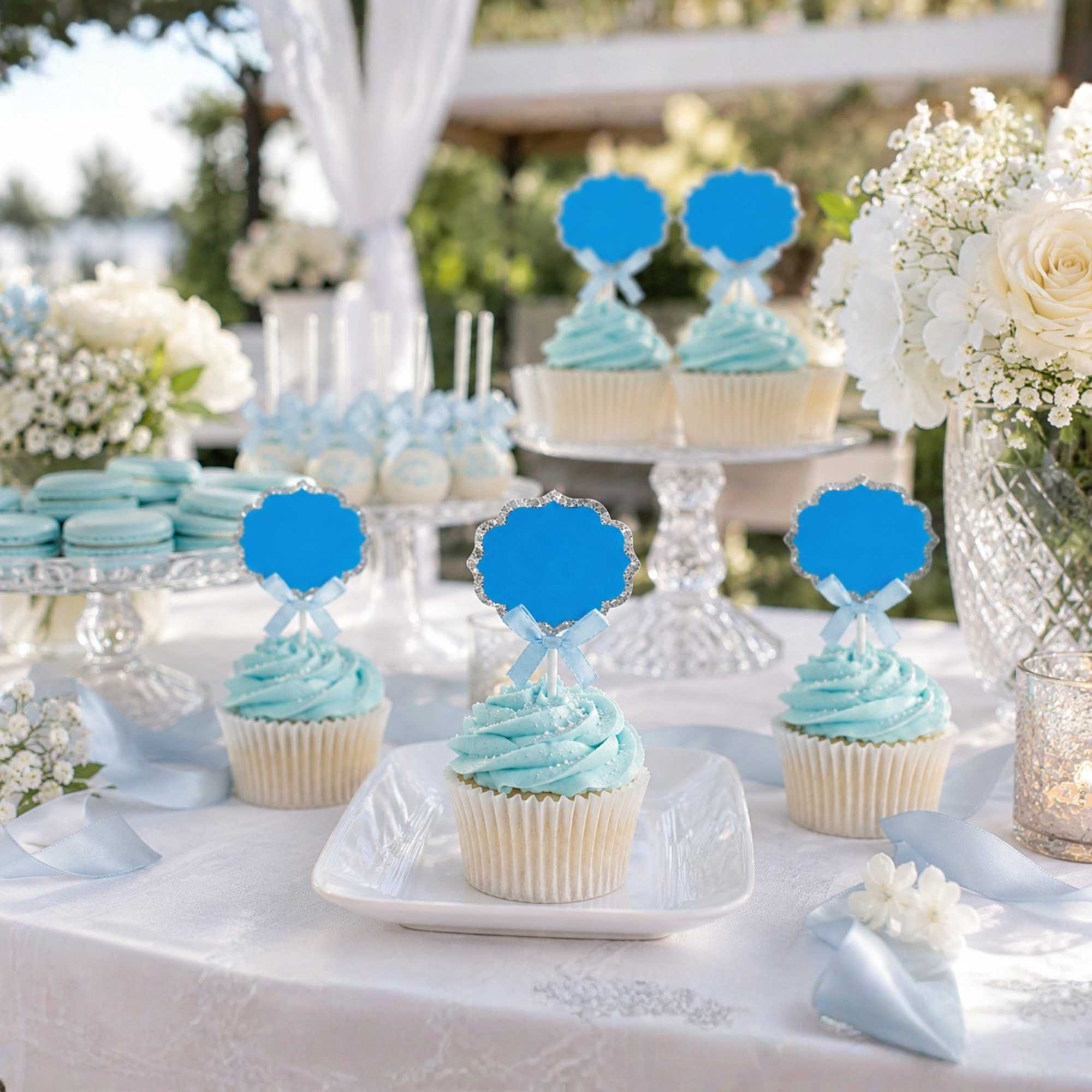 Top Cake Blue Paper DIY Personalized Cake Topper - Bow, Silver Glitter Rim - 4 1/2" x 2 1/2" - 100 count box