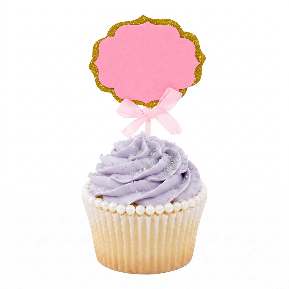 Top Cake Pink Paper DIY Personalized Cake Topper - Bow, Gold Glitter Rim - 4 1/2" x 2 1/2" - 100 count box