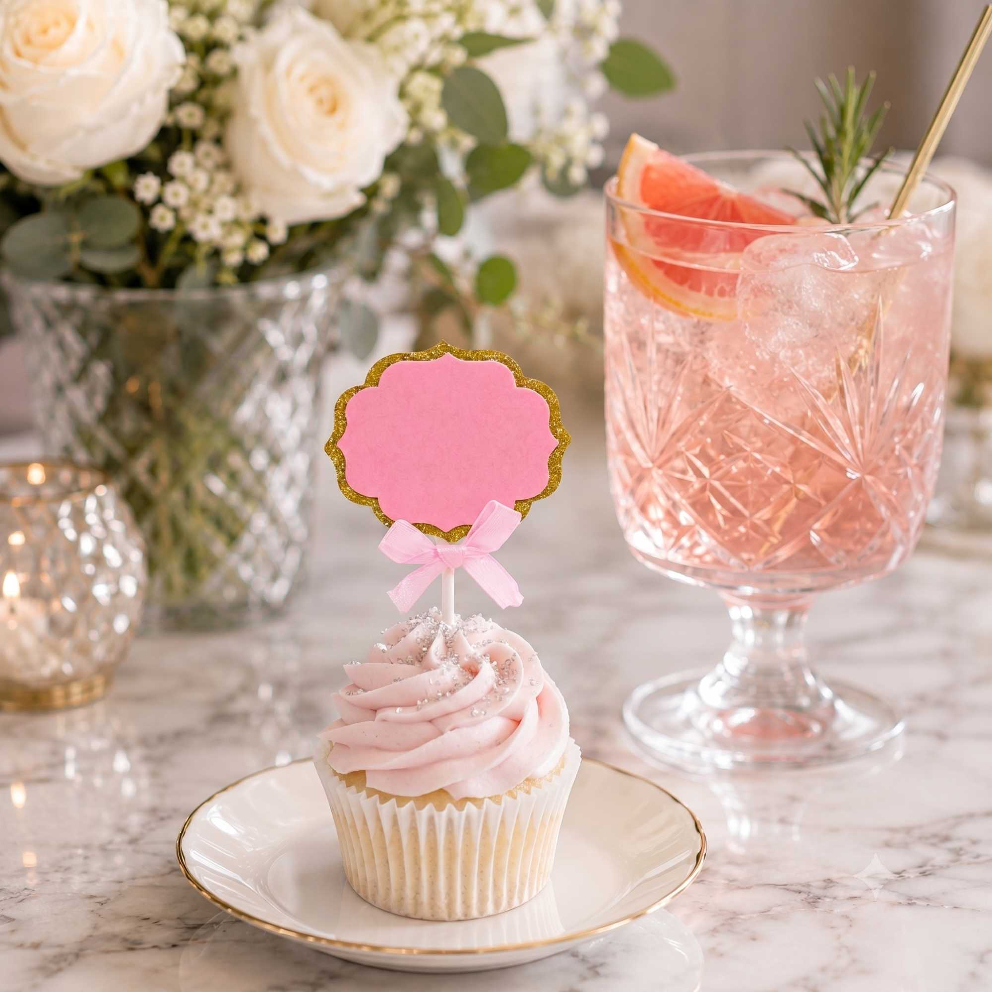 Top Cake Pink Paper DIY Personalized Cake Topper - Bow, Gold Glitter Rim - 4 1/2" x 2 1/2" - 100 count box