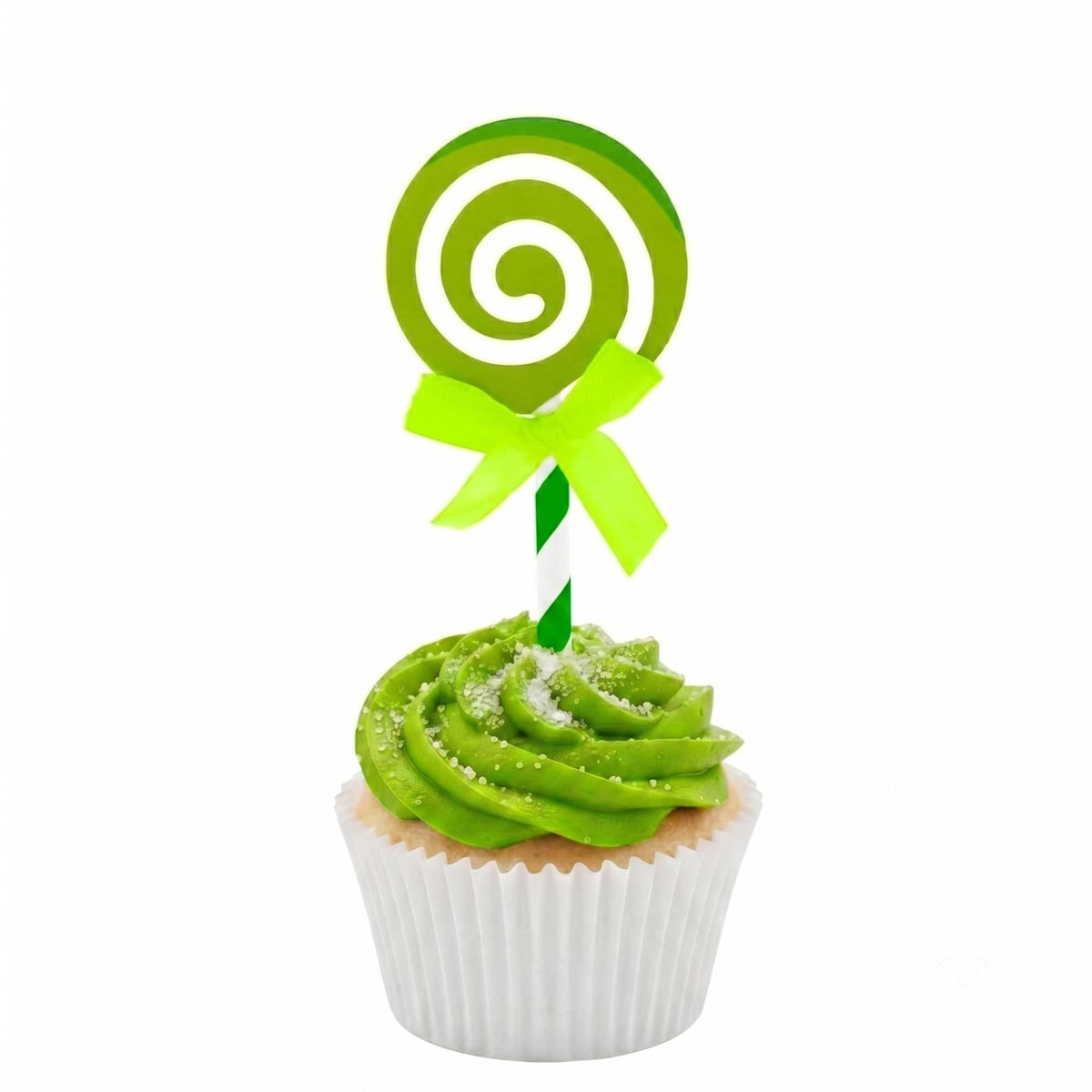 Top Cake Green Paper Swirl Lollipop Cake Topper - Neon Green Bow - 5 1/4" x 2" - 100 count box