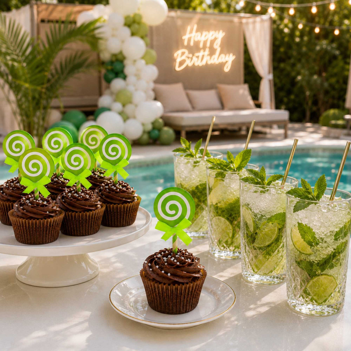 Top Cake Green Paper Swirl Lollipop Cake Topper - Neon Green Bow - 5 1/4" x 2" - 100 count box