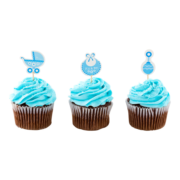 Top Cake Baby Shower Cupcake Toppers, 24 Assorted Baby Boy Cake Toppers - Includes Stroller, Bib. and Rattle, Dessert Decorations, Blue Paper It’s A