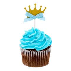Top Cake Gold Paper Crown Cake Topper - Glitter, Blue Bow - 3 3/4