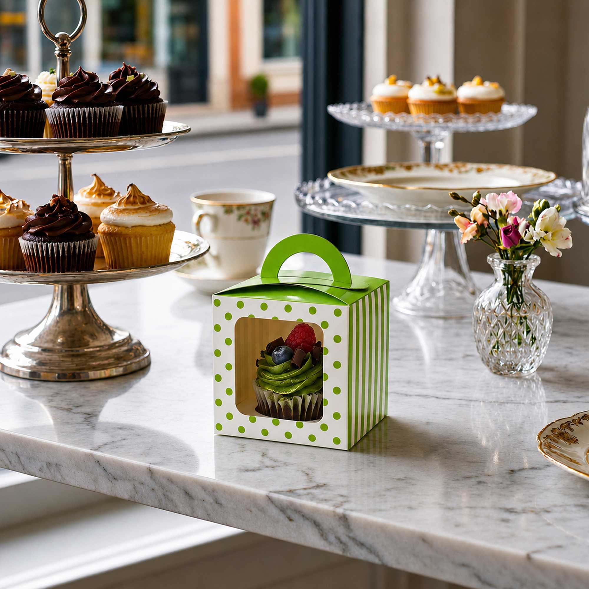 Pastry Tek Square Green Paper Cupcake Window Box - Polka Dot, Fits 1 - 4 1/2" x 4 1/2" x 4 1/2" - 100 count box