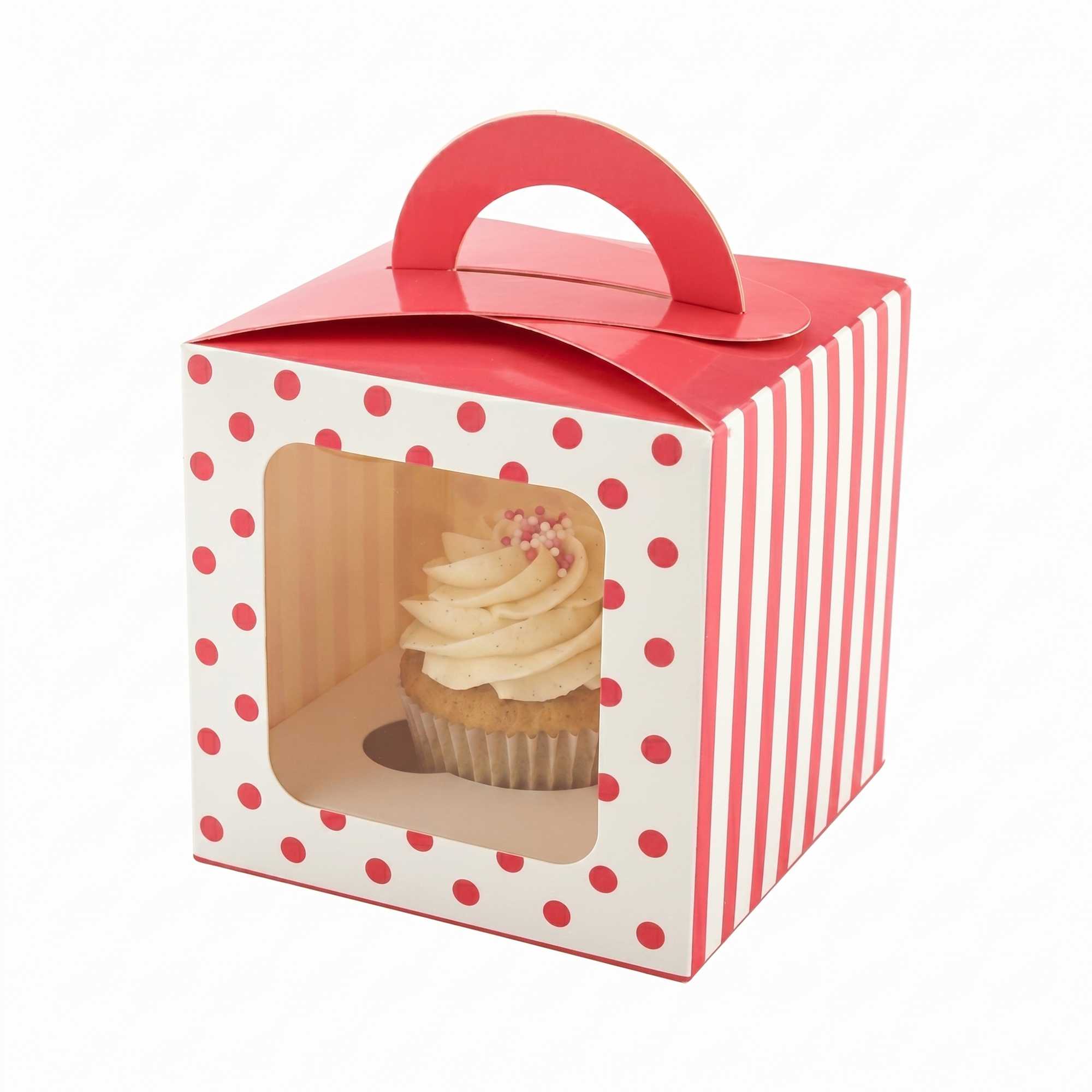 Pastry Tek Square Pink Paper Cupcake Window Box - Polka Dots, Fits 1 - 4 1/2" x 4 1/2" x 4 1/2" - 100 count box