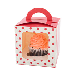 Pastry Tek Square Pink Paper Cupcake Window Box - Polka Dots, Fits 1 - 4 1/2