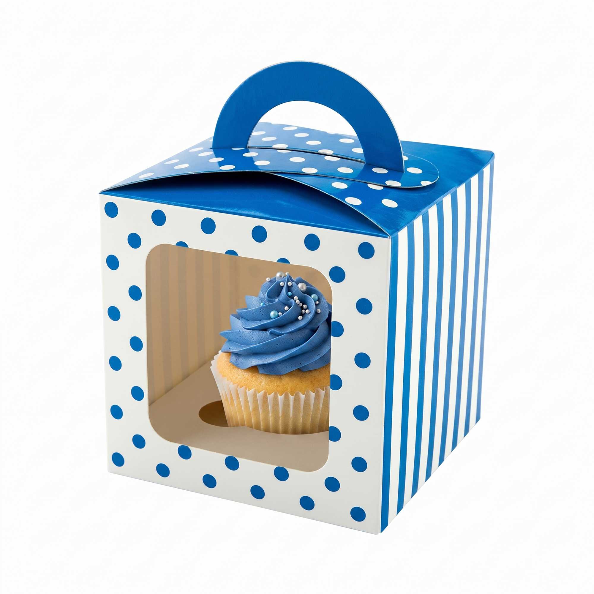 Pastry Tek Square Blue Paper Cupcake Window Box - Polka Dots, Fits 1 - 4 1/2" x 4 1/2" x 4 1/2" - 100 count box