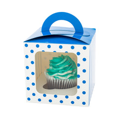 Pastry Tek Square Blue Paper Cupcake Window Box - Polka Dots, Fits 1 - 4 1/2