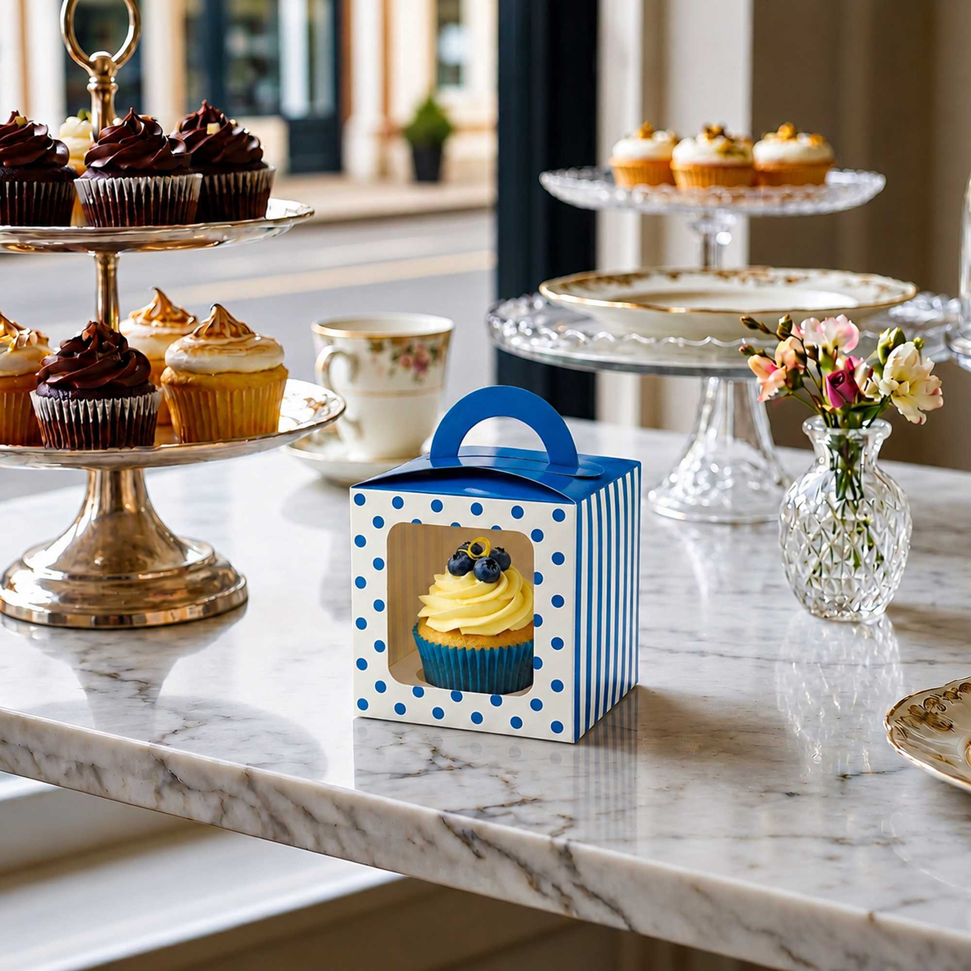 Pastry Tek Square Blue Paper Cupcake Window Box - Polka Dots, Fits 1 - 4 1/2" x 4 1/2" x 4 1/2" - 100 count box