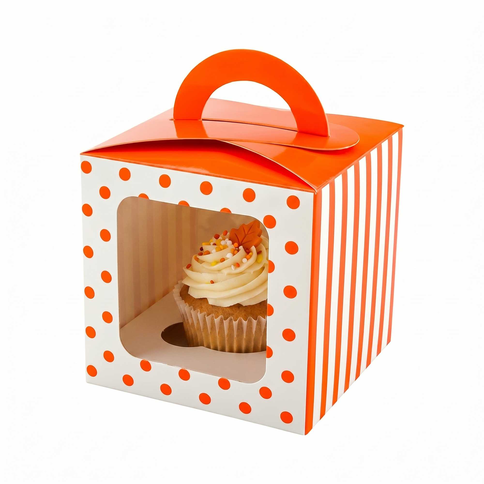 Pastry Tek Square Orange Paper Cupcake Window Box - Polka Dots, Fits 1 - 4 1/2" x 4 1/2" x 4 1/2" - 100 count box