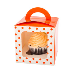 Pastry Tek Square Orange Paper Cupcake Window Box - Polka Dots, Fits 1 - 4 1/2