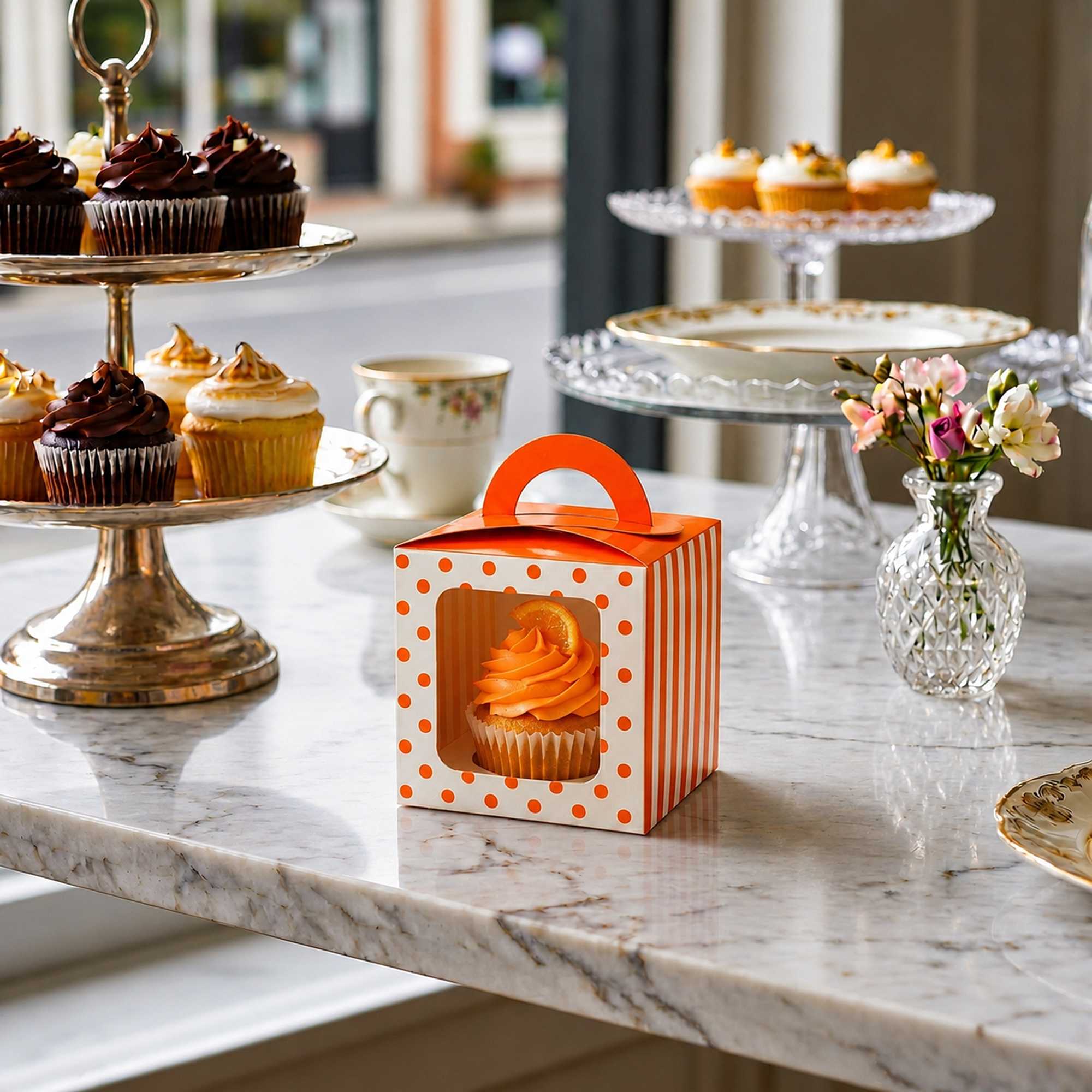 Pastry Tek Square Orange Paper Cupcake Window Box - Polka Dots, Fits 1 - 4 1/2" x 4 1/2" x 4 1/2" - 100 count box